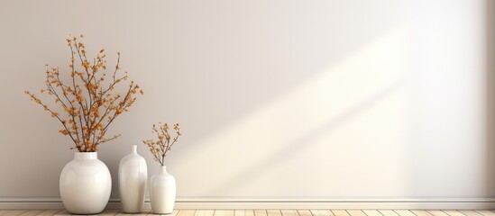 illustration of a Nordic home with white interior vases wooden floor large wall and landscape in the window