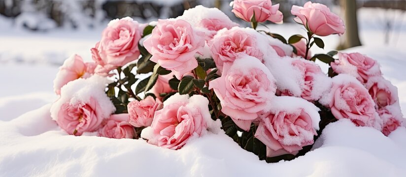 Spring rose garden with well groomed pruned rose bushes after winter - Powered by Adobe