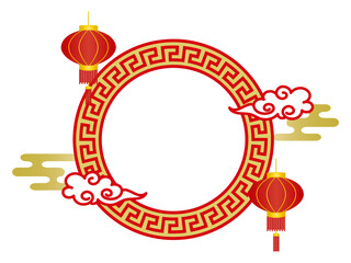 ランタンや雲が描かれた、中国の吉祥模様の丸いフレーム © MAYUK0 ILLUSTRATION