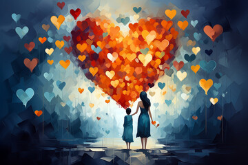 mother with her daughter illustration showing love and caring. A heart in the center with little hearts surrounding the image. 