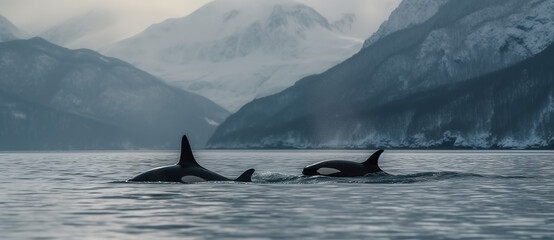 Orcas or killer whales hunt in the Arctic Sea. Impressive arctic mountains in the background. Whale watching. Generative AI - obrazy, fototapety, plakaty