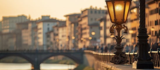 A fragment of a street lamp in the old city on the Arno River with faded buildings and bridge in...