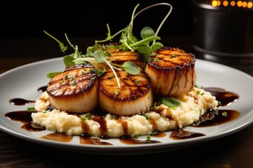 A plate of perfectly seared scallops served over a bed of risotto with a drizzle of balsamic vinegar