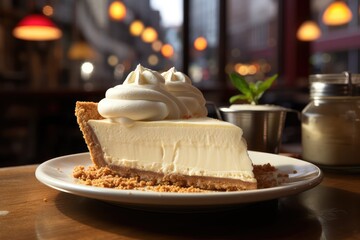 A slice of New York-style cheesecake with a graham cracker crust and a generous dollop of whipped cream - obrazy, fototapety, plakaty