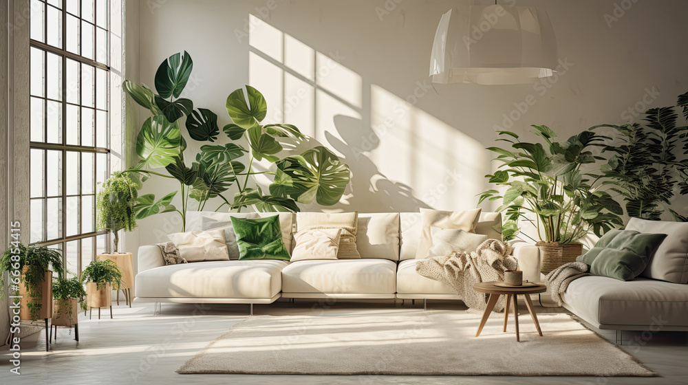 Sticker Interior of light living room with sofas and Monstera houseplant Interior of light living room with sofas and Monstera houseplant