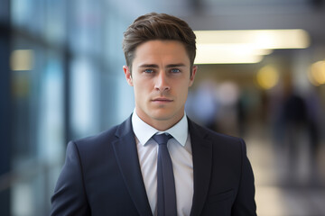 A wide shot of a businessman, with a sharp focus, contrasted against a blurred office background.