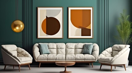 Lounge chairs and sofa against teal classic paneling wall with art posters. Mid-century style home interior design of modern living room.