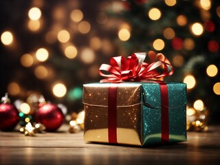 Luxury Christmas Gift with Glittering Effect on a Shining Background, Empty Space for Creative Banner Design
