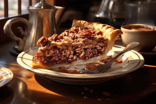 A slice of pecan pie with a flaky crust and a rich, gooey filling
