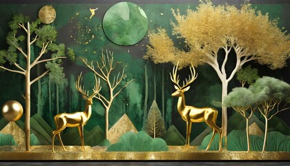 abstract modern and creative 3d interior mural art dark green and golden forest trees deer animal wildlife