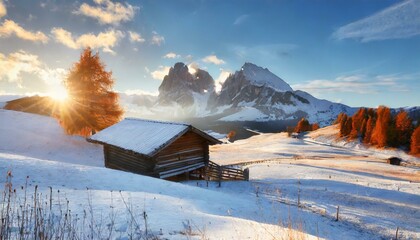 winter landscape with wooden log cabin on meadow alpe di siusi on blue sky background on sunrise time dolomites italy snowy hills with orange larch and sassolungo and langkofel mountains group - obrazy, fototapety, plakaty