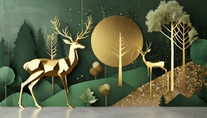 abstract modern and creative 3d interior mural art dark green and golden forest trees deer animal wildlife