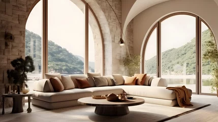 Fotobehang Mediterranean home interior design of modern living room. Curved sofa in room with arched window and stone tiled wall. © Lucky Ai