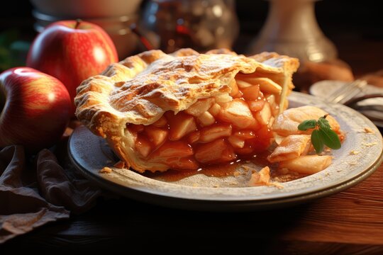 A slice of apple pie with a flaky crust and a tart apple filling