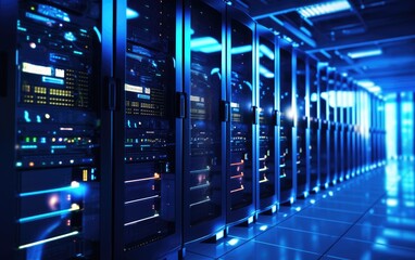 A modern data center with racks of servers, cooling systems