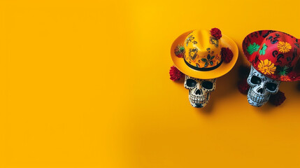 Naklejka premium colorful Mexican skull art background, copy space. design for Dia de los Muertos, Halloween, Cinco de Mayo