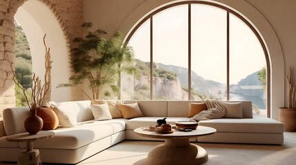 Mediterranean home interior design of modern living room. Curved sofa in room with arched window and stone tiled wall. - obrazy, fototapety, plakaty