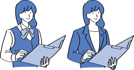 バインダーとペンを持って案内するスーツ女性と受付女性