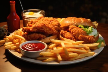 A plate of chicken nuggets with a side of fries and ketchup