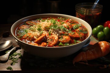 A bowl of gumbo with shrimp, chicken, and sausage