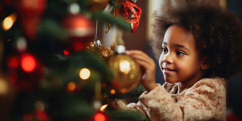 African-American child engrossed in decorating a Christmas tree, holding a gleaming ornament.