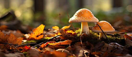Close up view of toadstools in a golden autumn day captured in a forg perspective