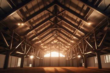 The studio building ceiling with roof, beams, bridge, and lights. Generative AI
