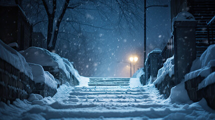 Snow covered street stairs pose a danger to pedestrians due to their slippery nature increasing the risk of falls