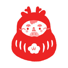 福だるまの着ぐるみを着たかわいい辰と梅の花 -  2024年/辰年の年賀状素材