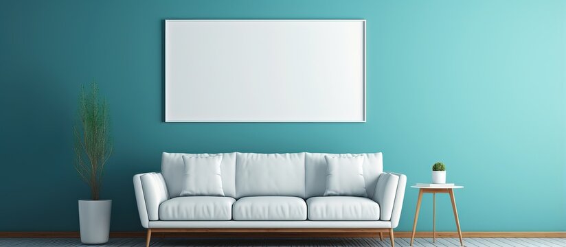Empty frame hanging on a blue wall over a fashionable sofa