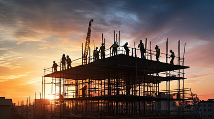 Silhouette of engineer and construction team working safely height building at sunset pastel with Light fair