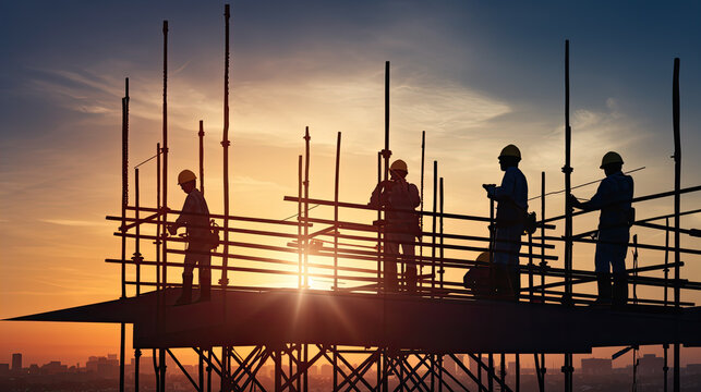 Silhouette Of Engineer And Construction Team Working Safely Height Building At Sunset Pastel With Light Fair