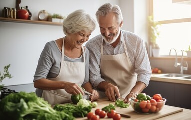 Happy smiling elderly couple cooking together in the kitchen