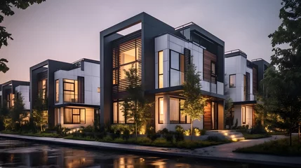 Fotobehang Modern modular private townhouses. Residential minimalist architecture exterior. Created with generative Ai © Lucky Ai