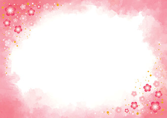 濃いピンクの梅の花で飾ったピンクの水彩系フレーム-横型