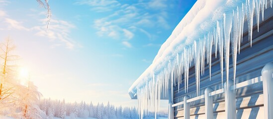 Preventing ice dams on roofs in freezing weather with dangerous icicles - obrazy, fototapety, plakaty