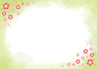 濃いピンクの梅の花で飾った黄緑色の水彩系フレーム-横型