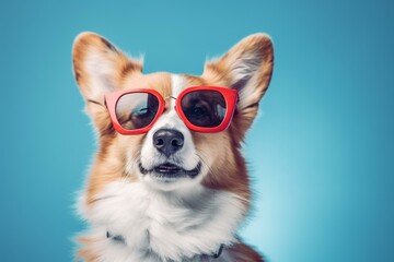 An adorable fluffy corgi wearing sunglasses and a collar, looking directly at the camera on a blue background. Generative AI