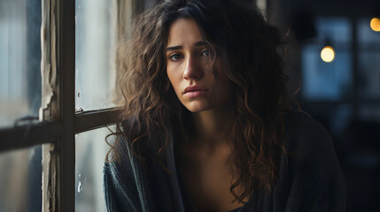 Closeup of a young woman near a window, feeling depressed at home,