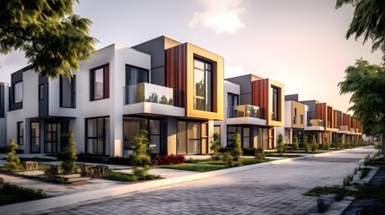 Fototapeta na wymiar Modern modular private townhouses. Residential minimalist architecture exterior. Created with generative Ai