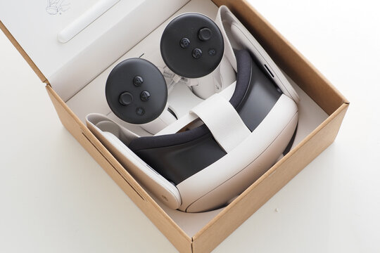 Sosua, Dominican Republic, October 19, 2023: Open box with virtual mixed reality headset Meta Quest 3.