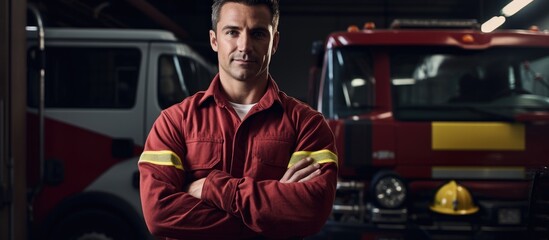 A fireman stands confidently by a fire engine arms crossed in a fire department garage looking at a camera