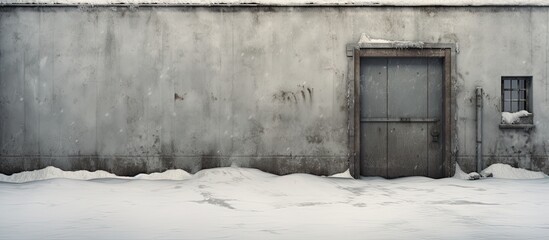 Entrance to empty bomb shelter door and concrete wall in snowy winter - obrazy, fototapety, plakaty