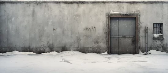 Poster Entrance to empty bomb shelter door and concrete wall in snowy winter © AkuAku