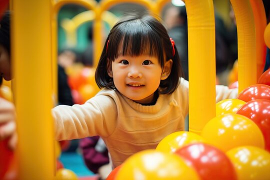 Asian korean little girl playing at indoor playground