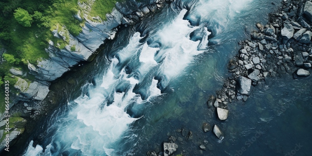 Poster aerial vertical view over the surface of a mountain river : generative ai