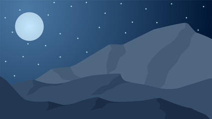 Mountain in the night landscape vector illustration. Silhouette of mountain range in the night with starry sky. Mountain landscape for background, wallpaper or landing page