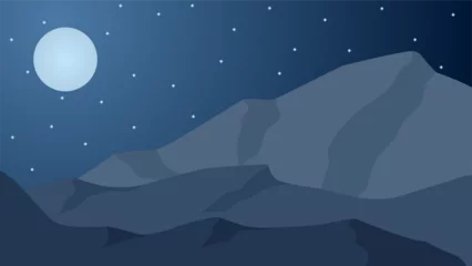 Fotobehang Mountain in the night landscape vector illustration. Silhouette of mountain range in the night with starry sky. Mountain landscape for background, wallpaper or landing page © Moleng