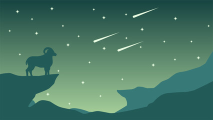 Wildlife in the night landscape vector illustration. Silhouette of ram in the night with starry sky and shooting stars. Wildlife landscape for background, wallpaper or landing page