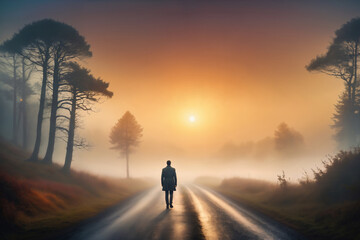Fototapeta na wymiar Man walking on the road in the misty forest at sunrise.